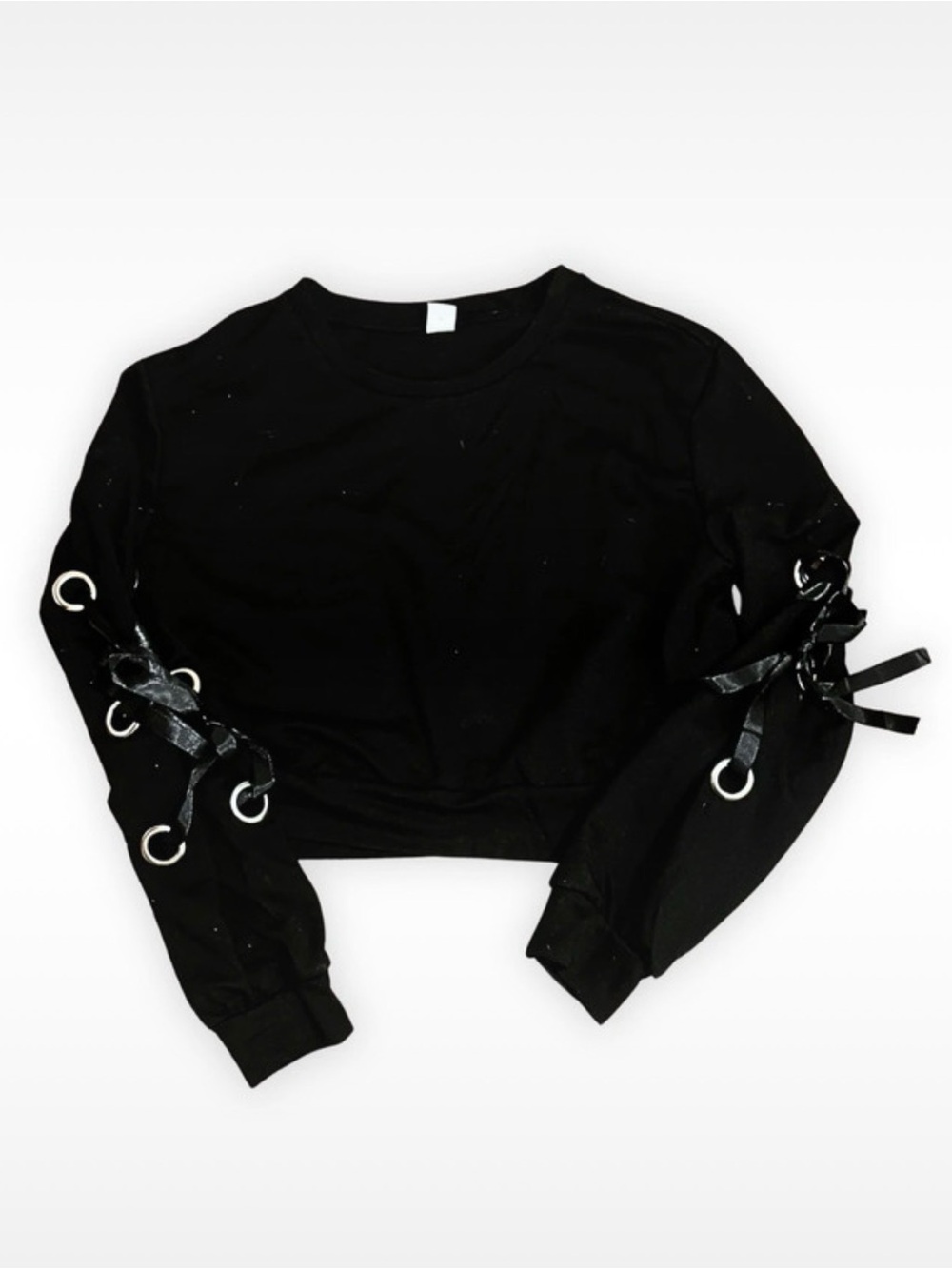 Black Cropped Sweatshirt with Lace-Up Sleeve Details - Women Tops